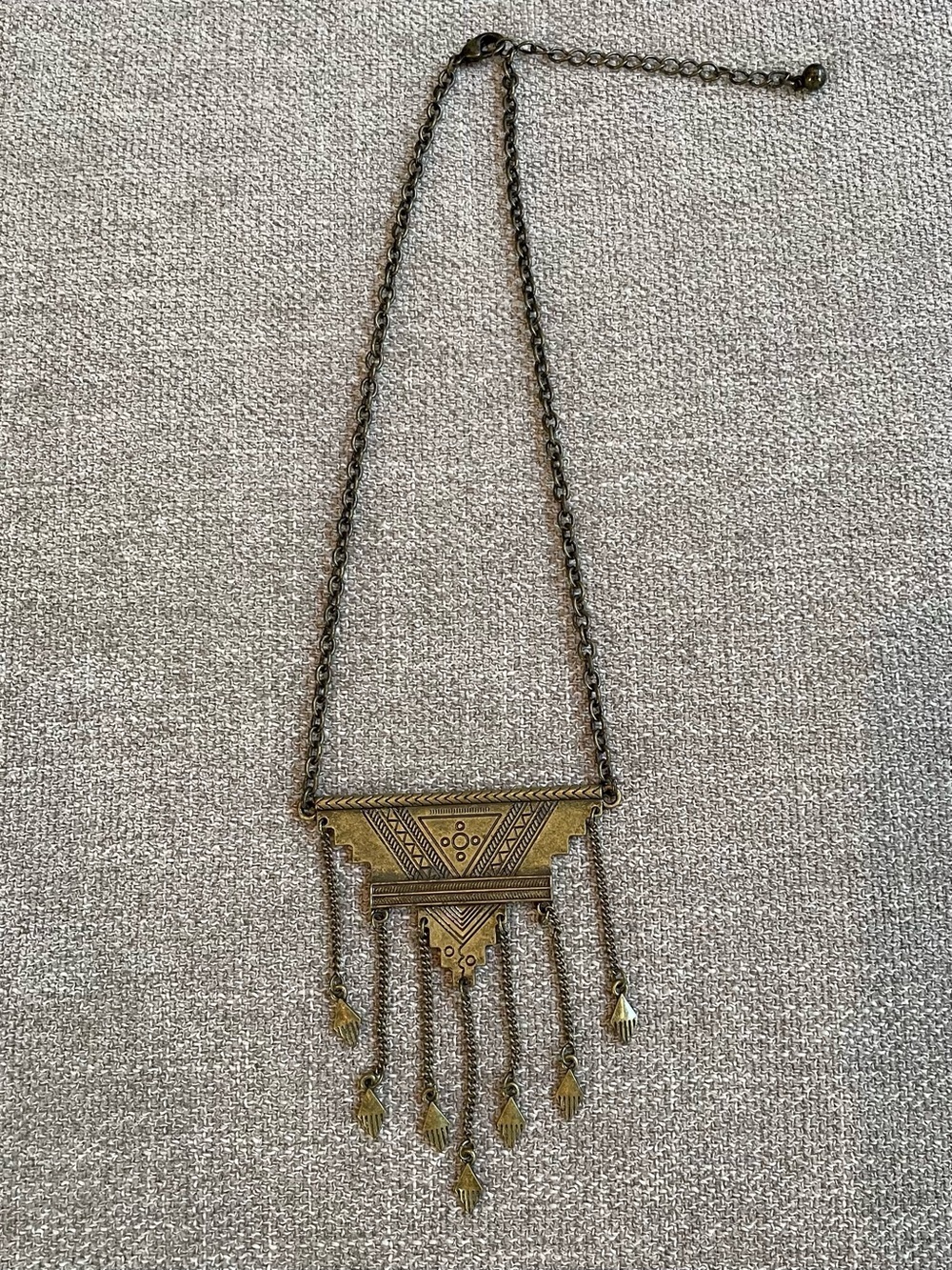 Brass Plated African Tribal Inspired Etched Pendant Diamond Dangles Necklace
